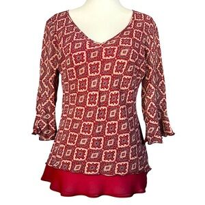 Vintage Harold’s Silk 3/4 Bell Sleeve Layered Lettuce Trim Boho Printed Blouse 6